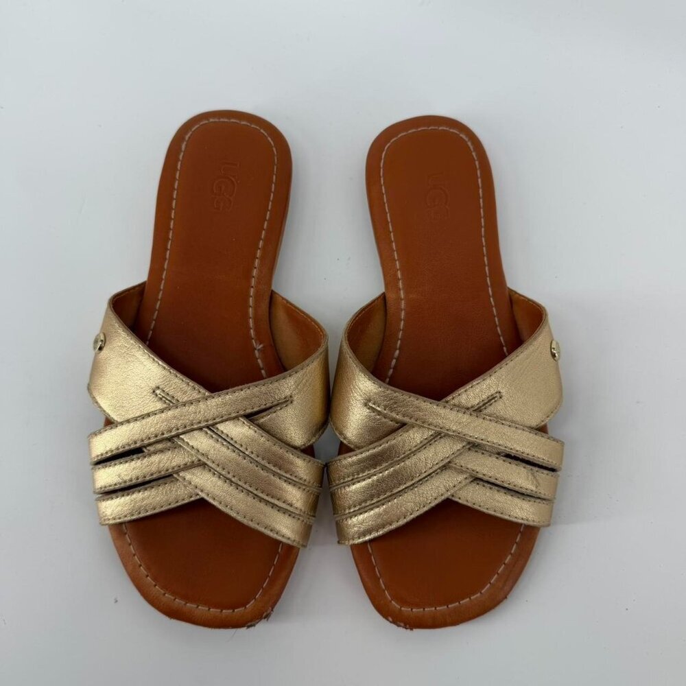 UGG Womens Kenliegh Slide Straps Leather Flat Sandal Gold Metallic Size 6